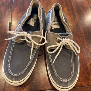 Sperry Mens Canvas Boat Shoes- Washed Navy and Moss Green Size 10.5 M